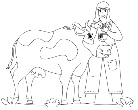 Farm Girl With Cow Coloring Page